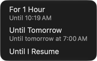 The Pause submenu: For 1 Hour, until 10:19 AM; Until Tomorrow, until tomorrow at 7:00 AM; and Until I Resume
