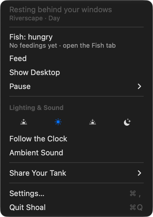 The fish menu with Shoal Pro and the living tank: a Fish: hungry row above Feed, and the lighting presets unlocked