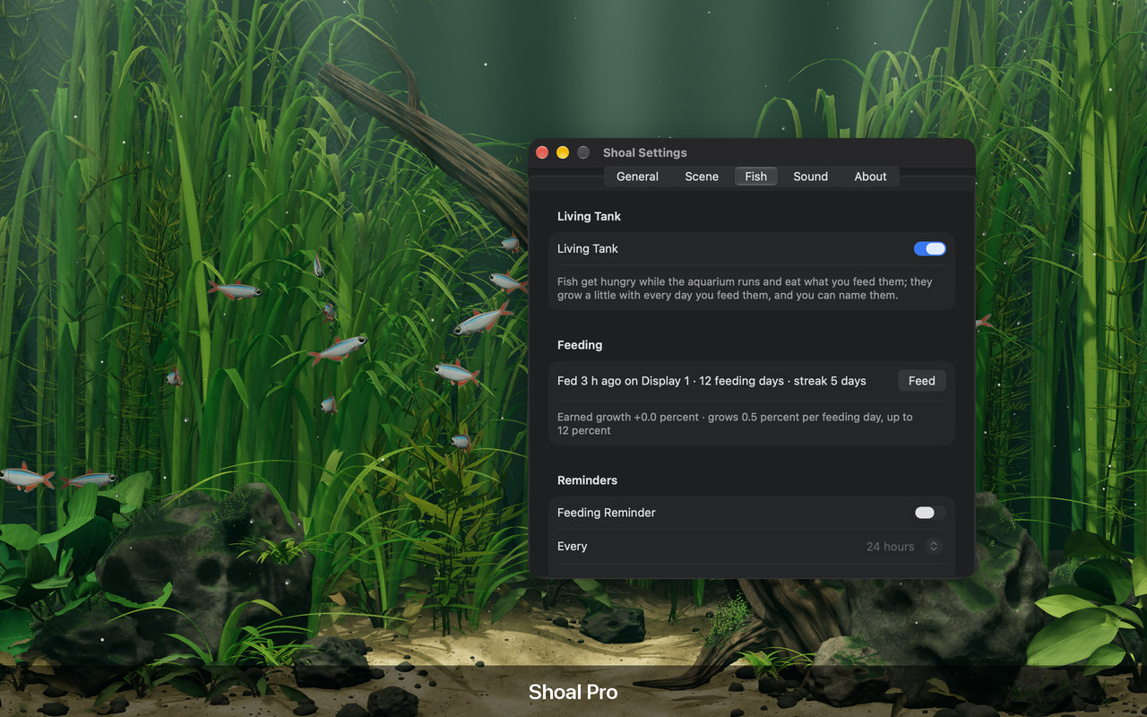 The Fish tab in Settings, with fish names, hunger levels, feeding history and reminder controls